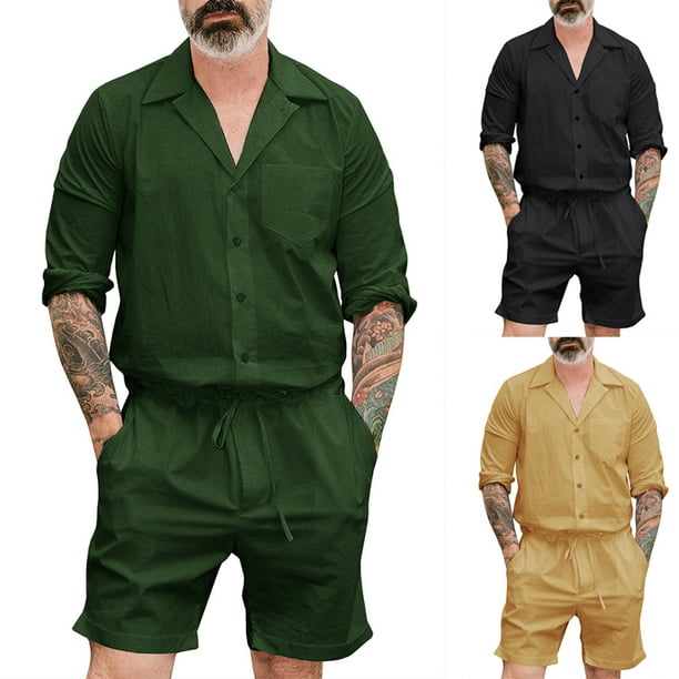 Mens One-Piece Cotton Blend Jumpsuits Short Sleeve Cargo Work Pants Summer Coat 